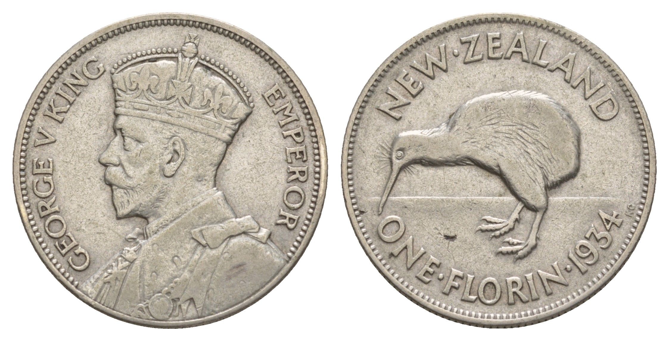 Новая Зеландия 2 шиллинга (флорин) 1934 Георг V (1910-1936), птичка киви KM 4 серебро 5010-1235