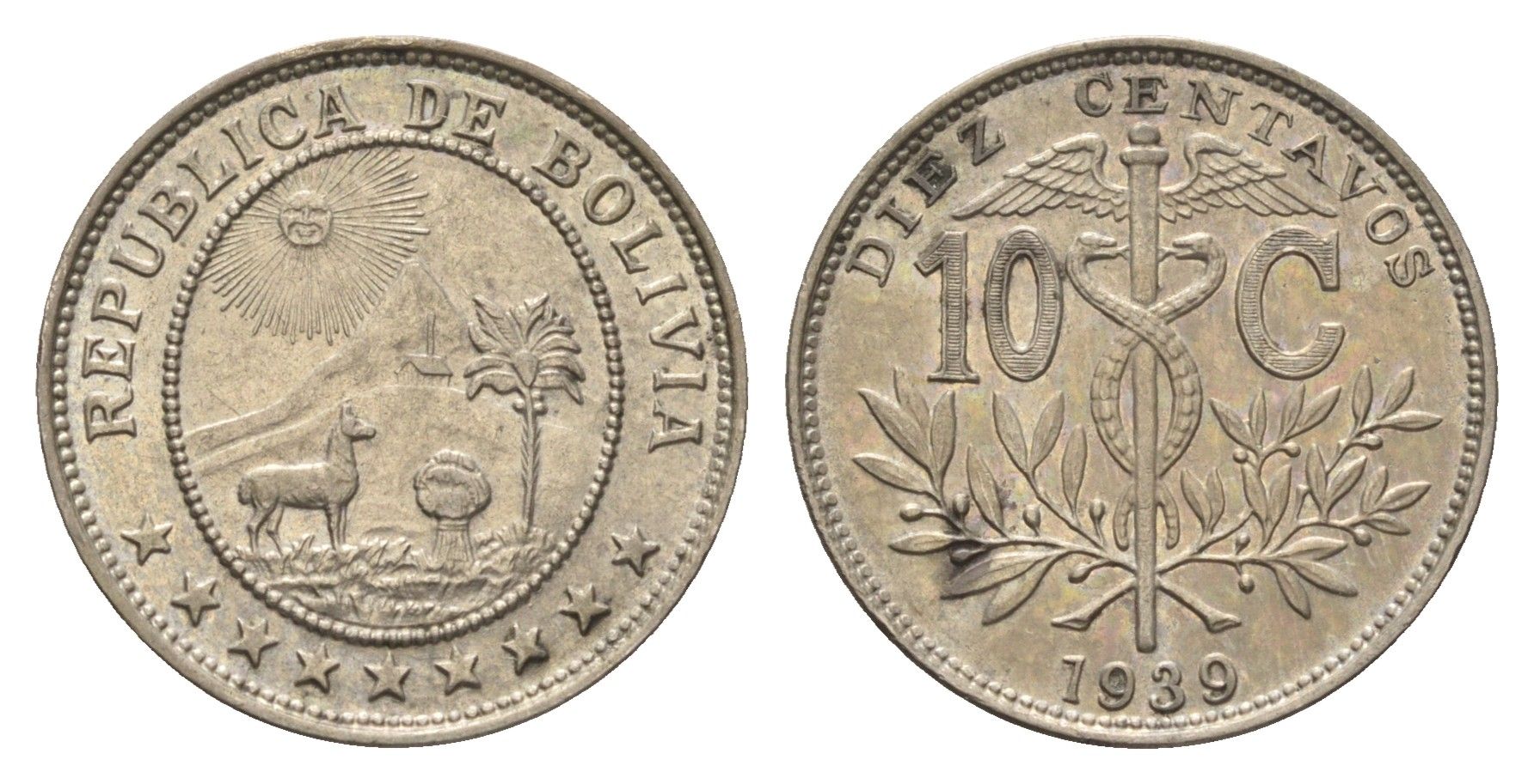 Боливия 10 сентаво 1939 KM 179 медно-никель aUNC 4659-1253