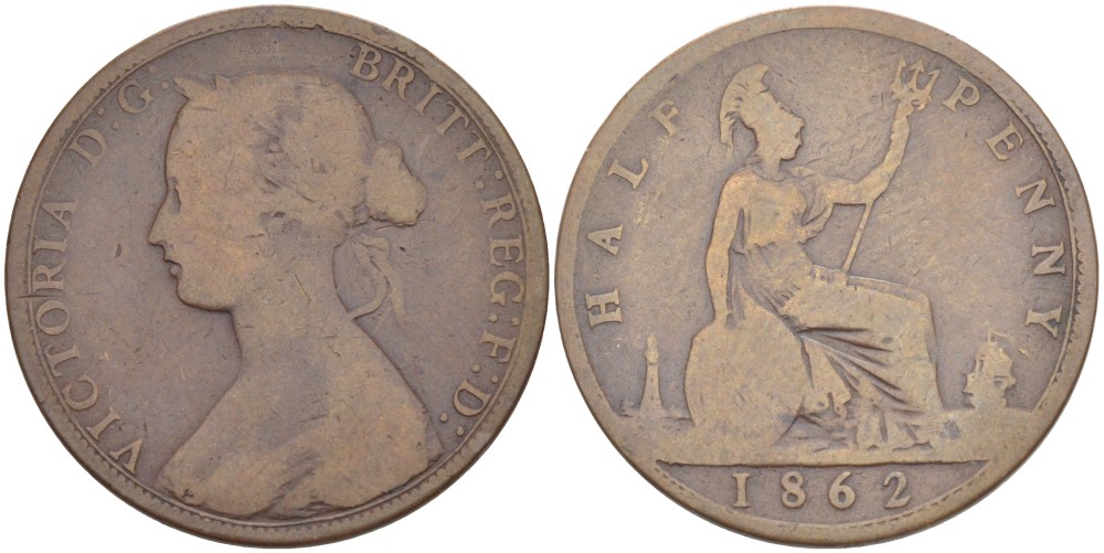 Великобритания 1/2 пенни 1862 Виктория (1837-1901) KM 748.2, Spink 3956 бронза 4543-1146