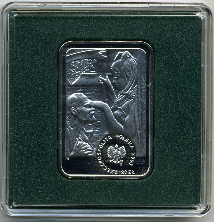 Польша 20 злотых 2003 Ясек Малжевски, аллегория Смерти закрывающей глаза старику, цветная эмаль, в оригинальной пластиковой коробке KM 478 серебро PROOF 4-5-3-04