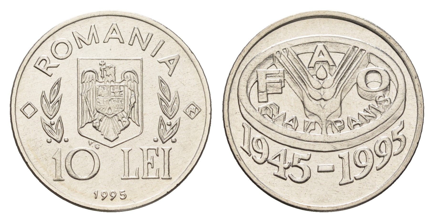 Румыния 10 леев 1995 N, 50 лет продовольственной программе - ФАО KM 117 сталь плакировнная никелем BU 11-264-16