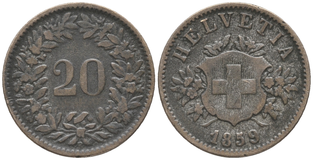 ШВЕЙЦАРИЯ 20 РАППЕНОВ 1859 В KM 7 биллон 100-825