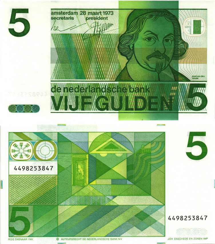 Нидерланды 5 гульденов 1973 Йост ван ден Вондел Pick 95 a бумага UNC (ПРЕСС) 8592-49-1-2
