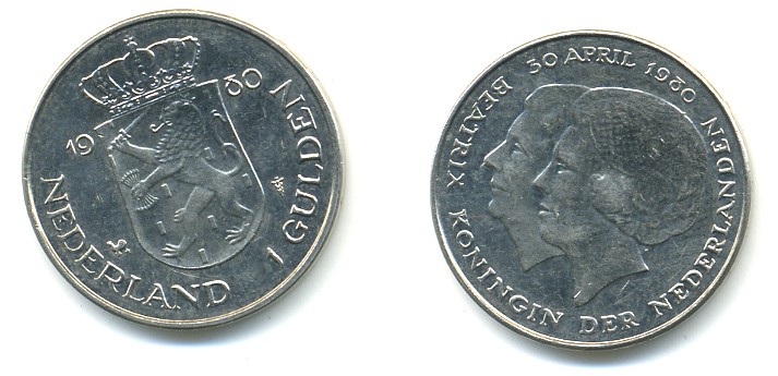 Нидерланды 1 гульден 1980 на коронацию Беатрикс, 30 апреля 1980 KM 200 никель 84-1013