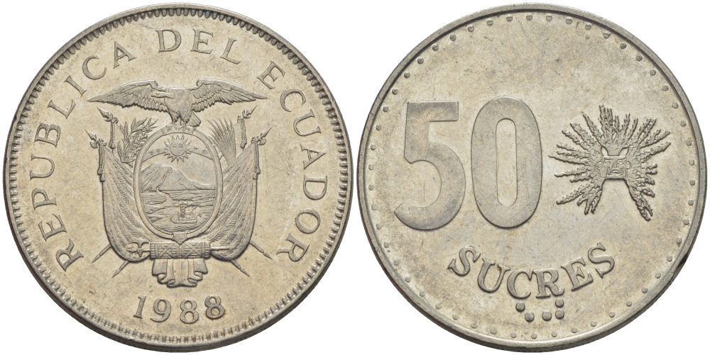 ЭКВАДОР 50 СУКРЕ 1988 KM 93 сталь плакированная никелем 82-913
