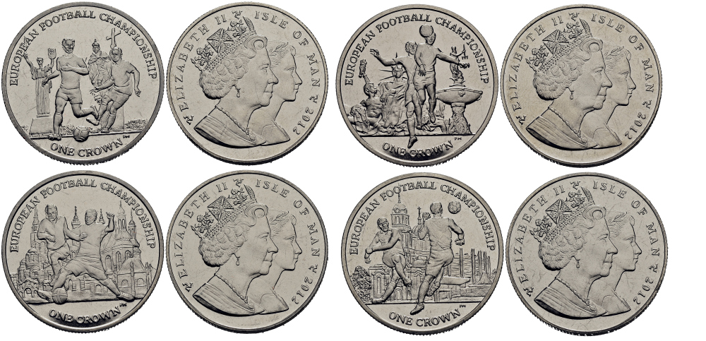 Остров Мэн 1 крона 2012 14 ый чемпионат Европы по футболу, коллекция из 4 монет KM 1461, 1462, 1463, 1464 медно-никель UNC M94-10