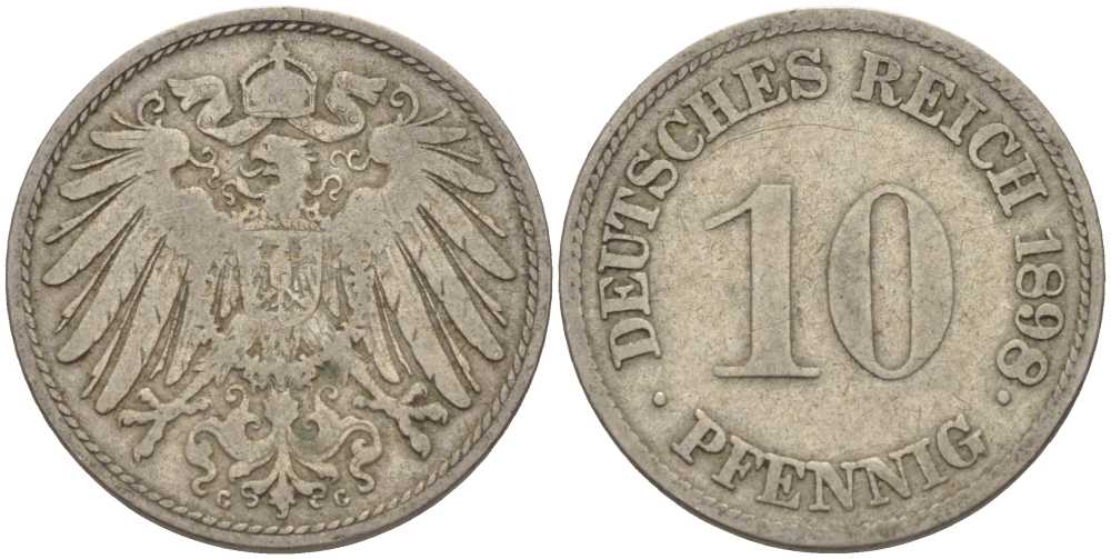 ГЕРМАНИЯ 10 ПФЕННИГОВ 1898 G KM 12, J. 13 медно-никель 4401-1025