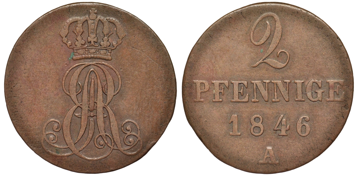 Ганновер 2 пфеннига 1846 A, Эрнст Август (1837-1851) KM 174.1, AKS 122, J. 55 медь 75-1833