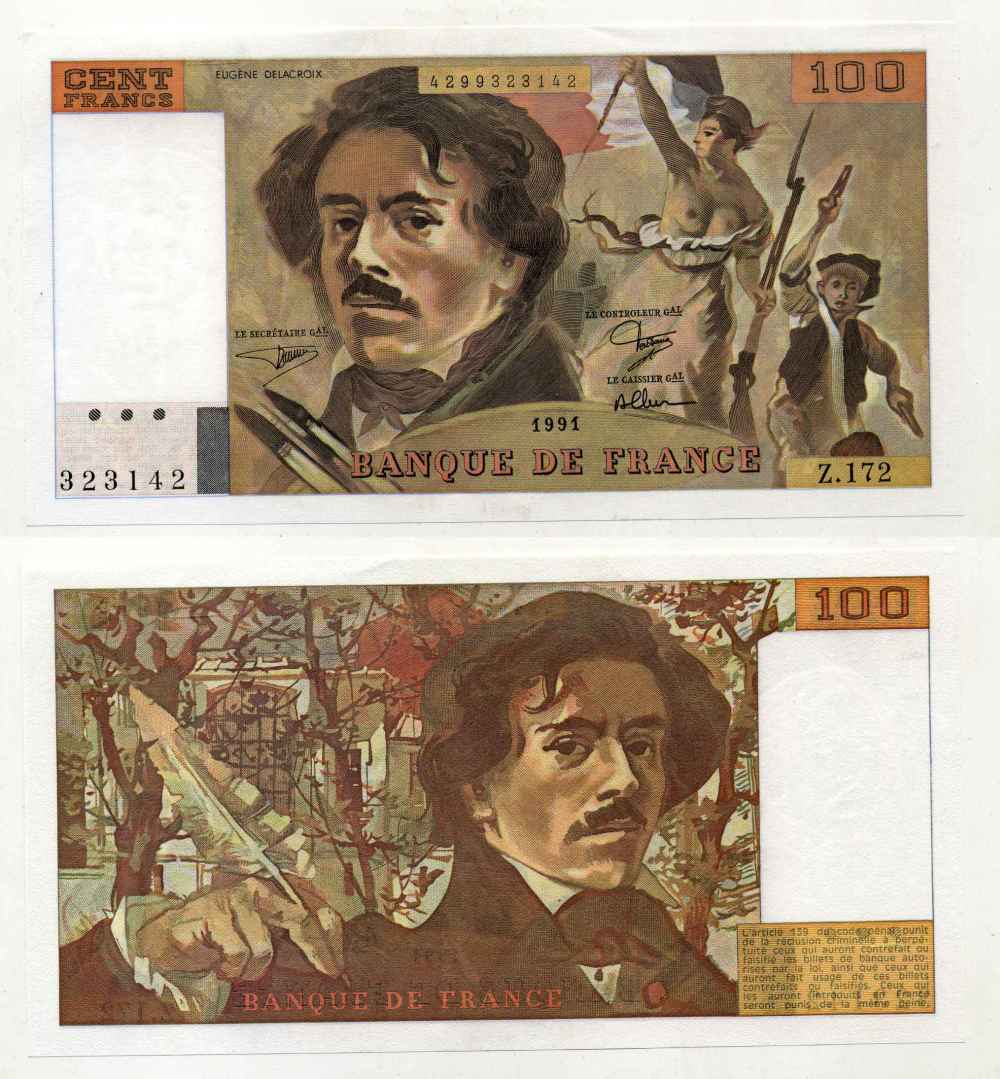 Франция 100 франков 1991 Эжен Делакруа, свобода на баррикадах, серия Z 172 Pick 154 f  бумага  UNC (пресс) 451-303-2