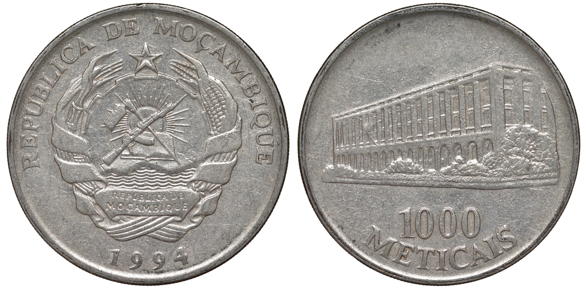 Мозамбик 1000 метикалей 1994 KM 122 никелированная сталь 4162-714