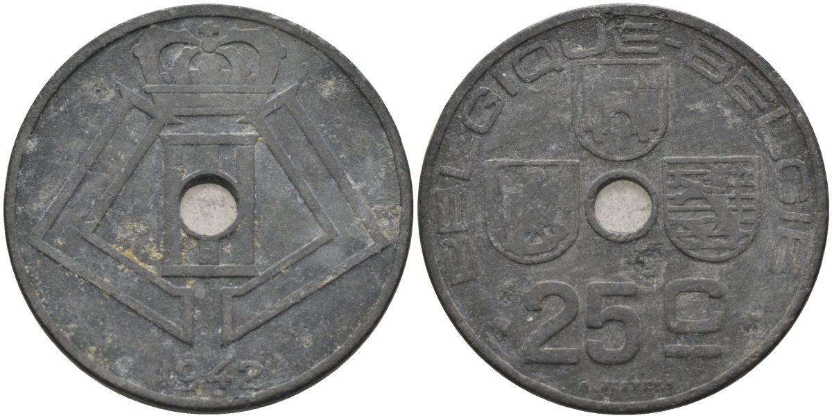 Бельгия 25 сантимов 1942 Belgique-Belgie, германская оккупация KM 131 цинк 4126-152