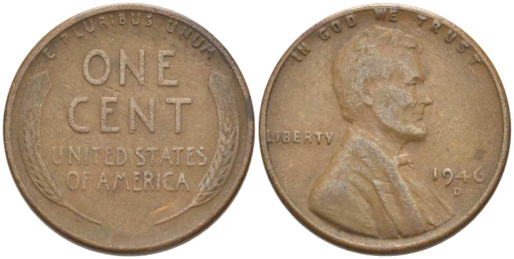 США 1 ЦЕНТ 1946 D, ЛИНКОЛЬН KM А132 медь цинк 218-467