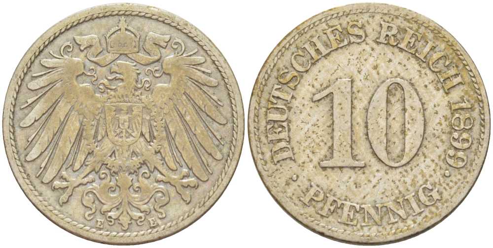 ГЕРМАНИЯ 10 ПФЕННИГОВ 1899 E KM 12, J. 13, Weege 8 медно-никель 261-1337