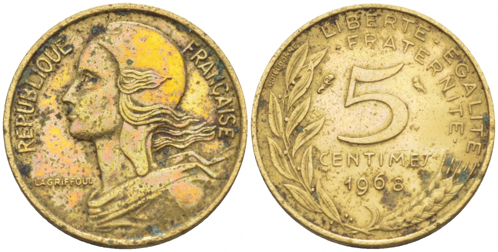 ФРАНЦИЯ 5 САНТИМОВ 1968 ТИП MARIANNE KM 933, LE FRANC 125.4 алюминиевая бронза 112-828