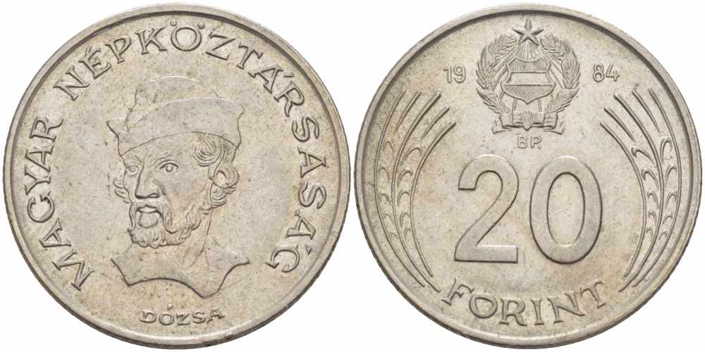 Венгрия 20 форинтов 1984 Дьердь Дожа KM 630 медно-никель 108-1045