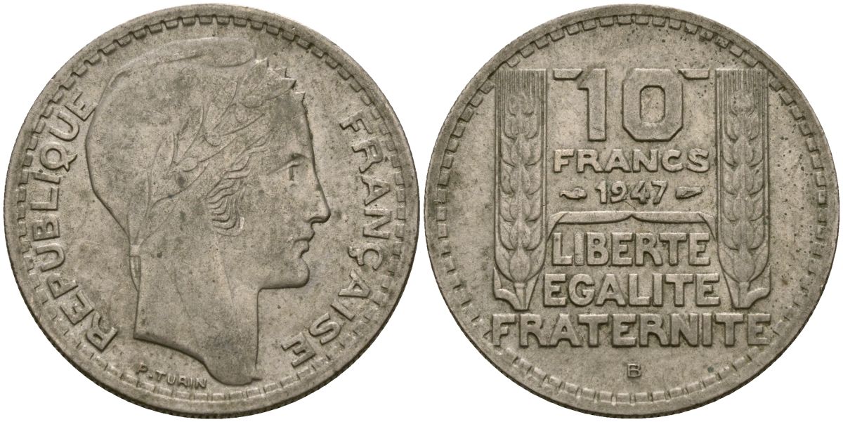 Франция 10 франков 1947 тип Пьер Турин KM 908.1, Le Franc 361.4 медно-никель 4120-1224