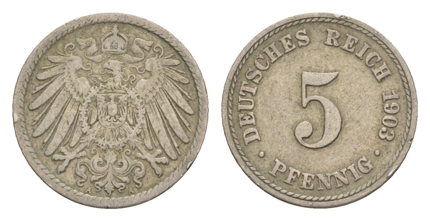 Германия 5 пфеннигов 1903 A, Вильгельм II (1888-1918) KM 11, J. 12 медно-никель 4647-859