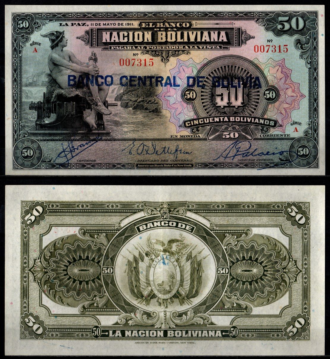Боливия 50 боливиано 1911 (1929) Меркурий Pick 116 a бумага 451-1266-2