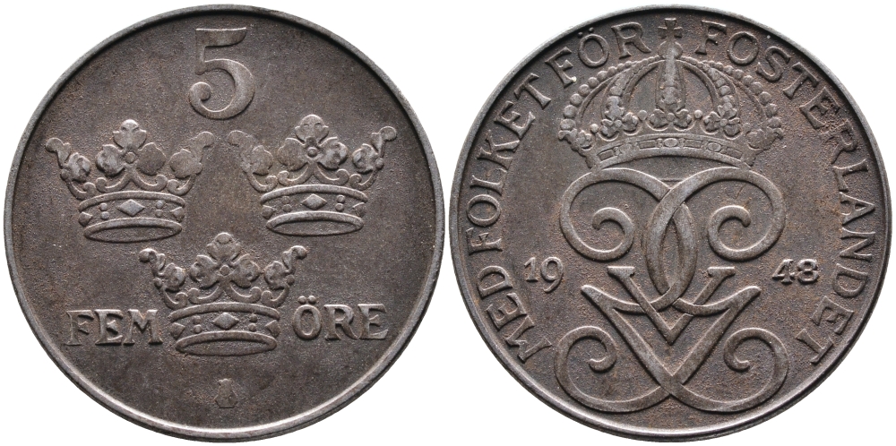 Швеция 5 эре 1948 Густав V (1907-1950) KM 812 железо 4389-135