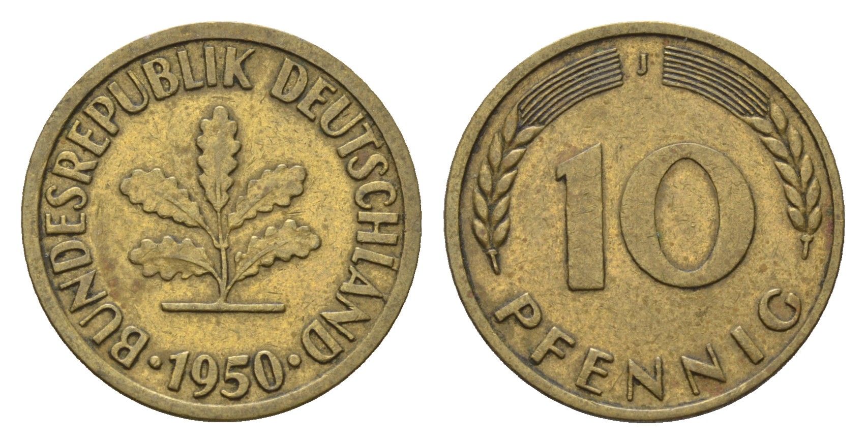 ФРГ 10 пфеннигов 1950 J KM 108, J. 383 сталь плакированная латунью 4684-243