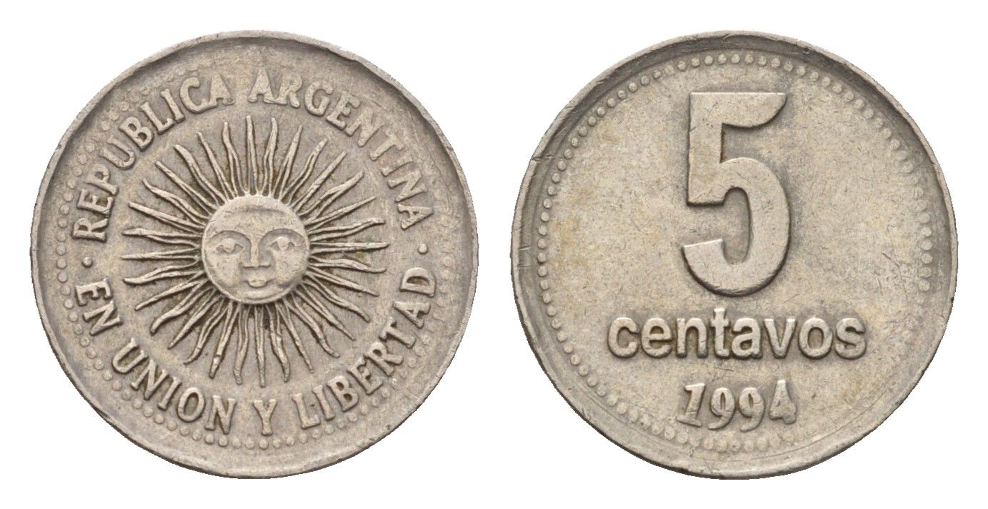 Аргентина 5 сентаво 1994 майское солнце, широкие буквы KM 109a2, CJ 2, Schon 109a медно-никель 4702-523
