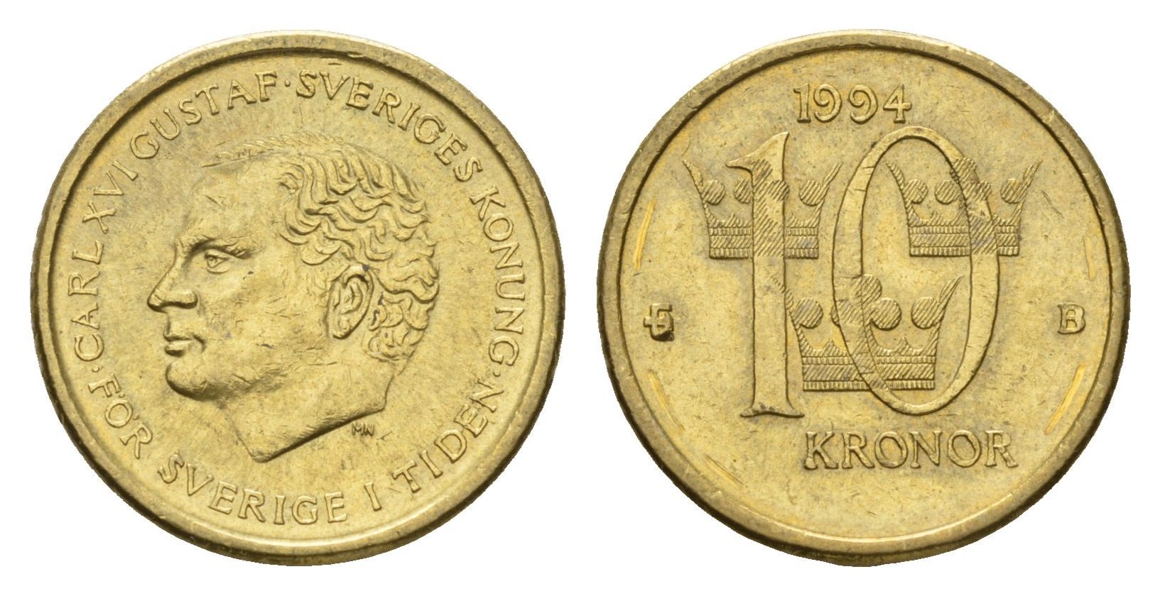 Швеция 10 крон 1994 Карл XVI Густав (1973-), редкий год KM 877 нордик 4657-1145