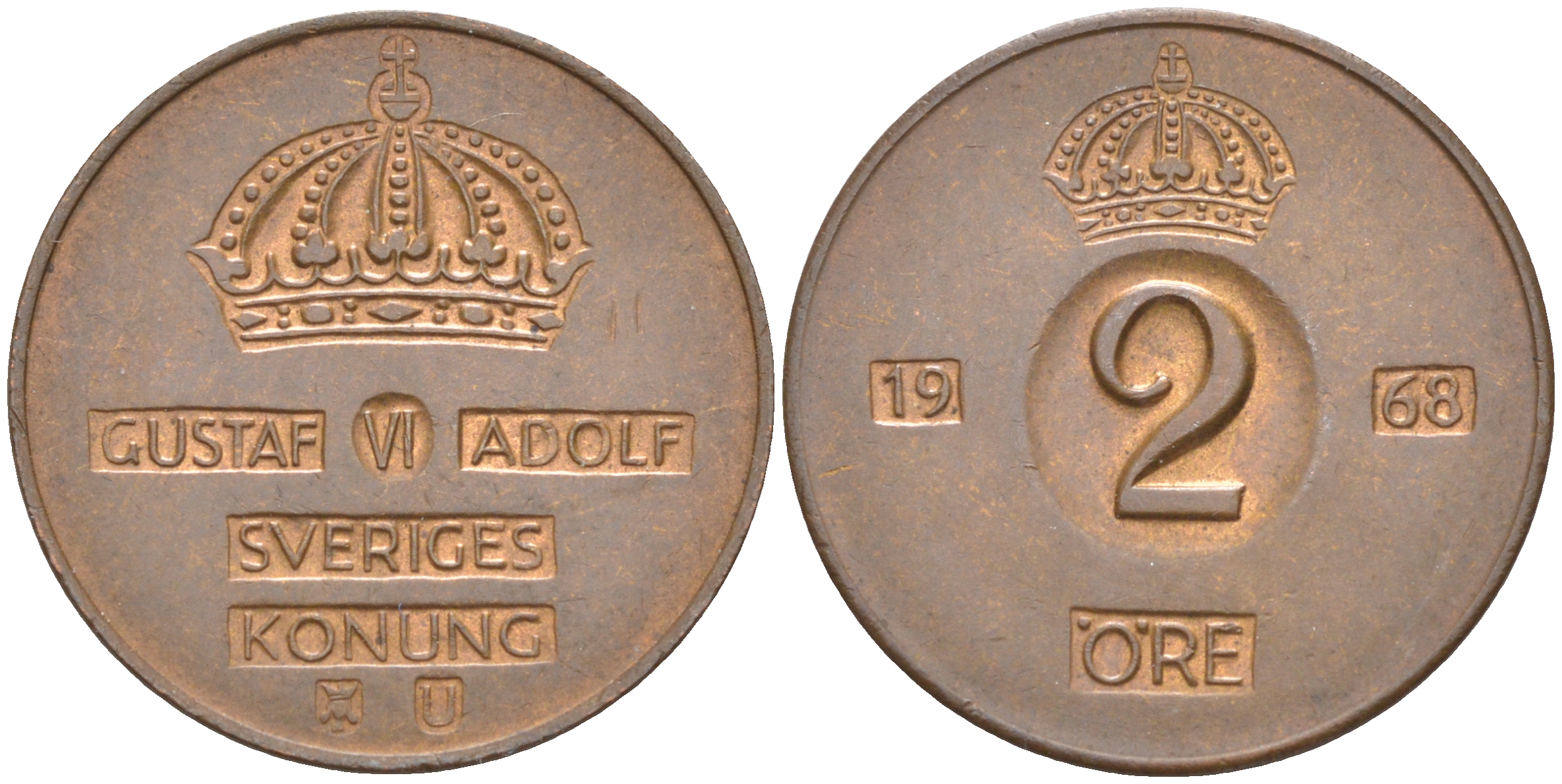 Швеция 2 эре 1968 U, Густав VI Адольф (1950-1973) KM 821 бронза 98-126