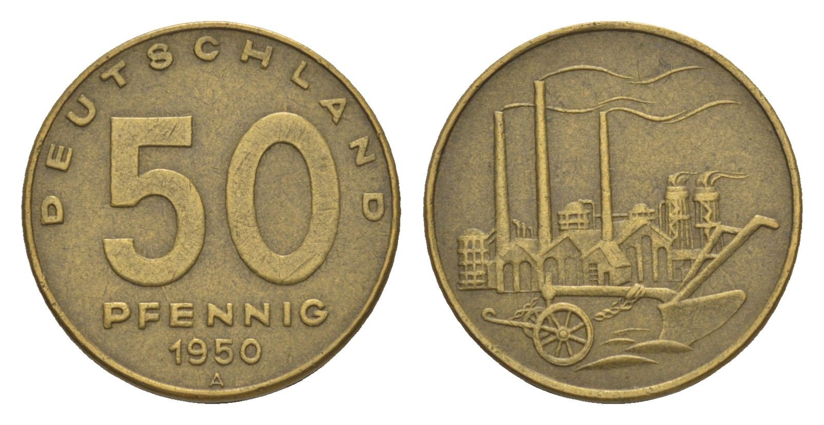 ГДР 50 пфеннигов 1950 А, фабрика KM 4 алюминиевая бронза 4615-244