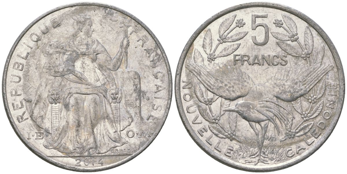 Французская Новая Каледония 5 франков 2014 птица кагу, (IEOM) KM 16, Schoen 12, Lec 81k алюминий 4117-422