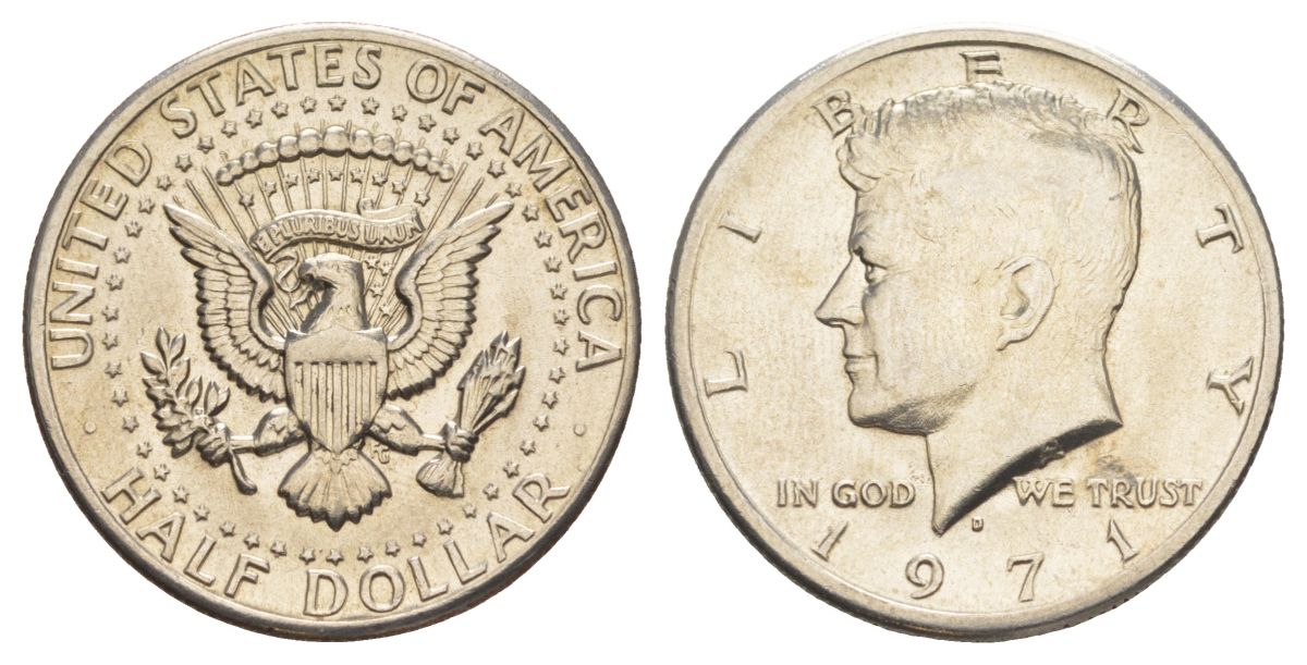 США 1/2 доллара (50 центов) 1971 D, Джон Кеннеди KM 202b медь плакированная медно-никелем aUNC 32-1225