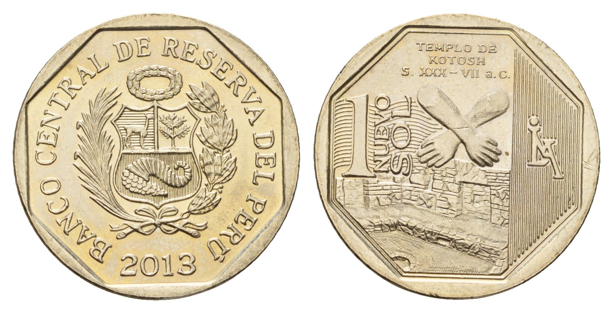 Перу 1 новый соль 2013 Богатство и гордость Перу - Котошский храм KM 372 медь цинк никель UNC 3334-611