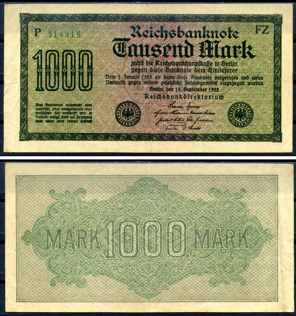 Германия 1000 марок 1922 выпуск 15 сентября 1922, водяной знак G, белая бумага, серия FZ, буква P Pick 76 e (1) бумага 8592-36-1-1