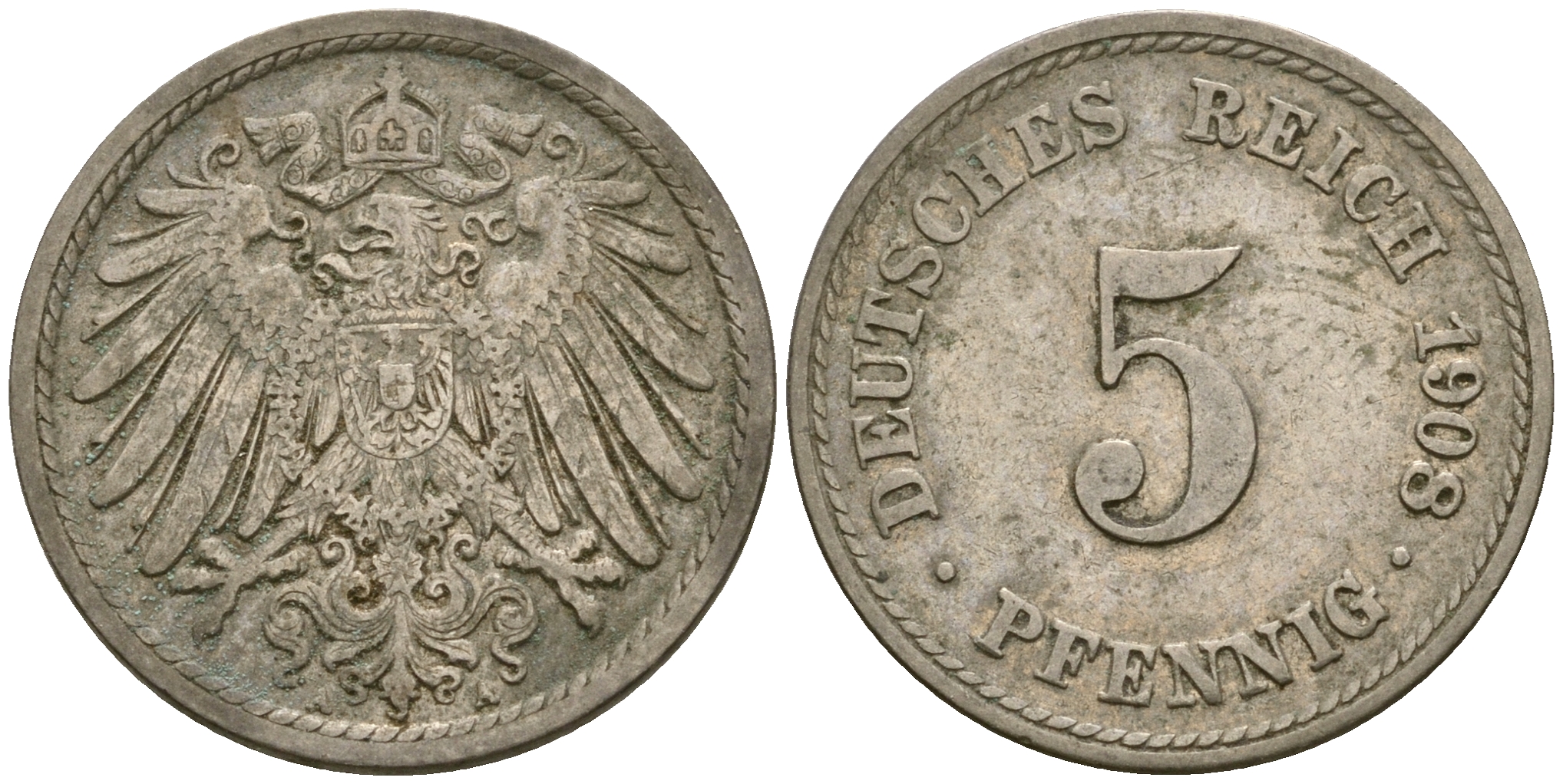 Германия 5 пфеннигов 1908 A KM 11, Jager 12, Weege 6 медно-никель 4364-4543