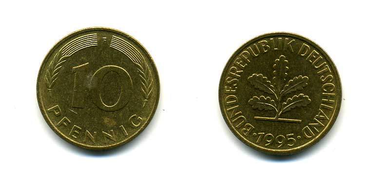 ФРГ 10 ПФЕННИГОВ 1995 F KM 108, J.383 сталь плакированная латунью 83-1954