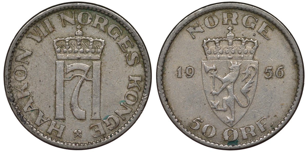 Норвегия 50 эре 1956 Хокон VII (1905-1957) KM 402 медно-никель 4128-1125