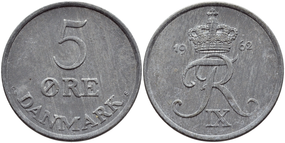 ДАНИЯ 5 ЭРЕ 1962 C; S, ФРЕДЕРИК IX (1947-1972) KM 843.2 цинк UNC 51-4331