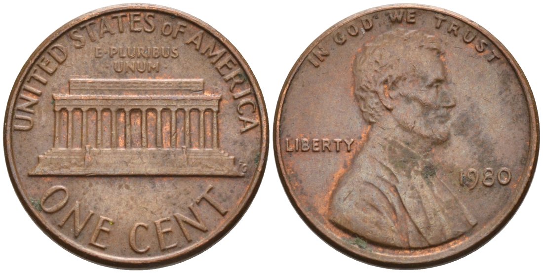США 1 цент 1980 Авраам Линкольн КМ 201 медь цинк 4567-613