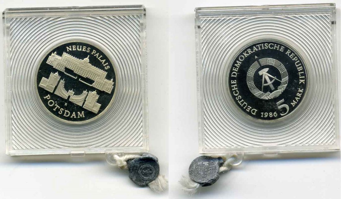 ГДР 5 марок 1986 A, Потсдам, новый дворец, тираж 4204 экз., в оригинальной упаковке KM 111 медно-никель PROOF 5-3-1-06