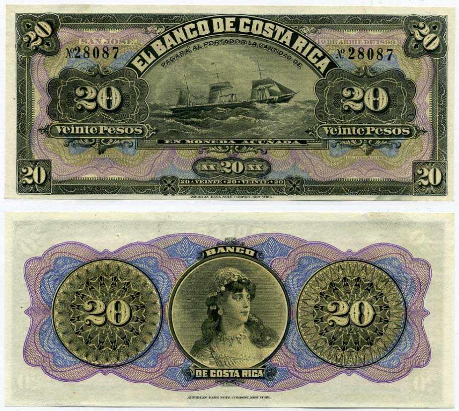 Коста-Рика 20 песо 1899 Pick S165r бумага UNC (ПРЕСС) 00-000-00