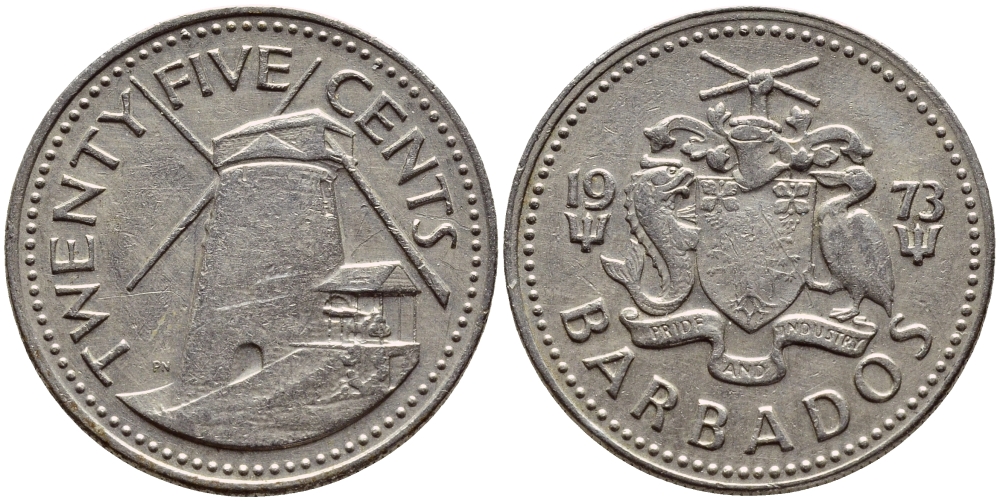 Барбадос 25 центов 1973 ветряная мельница Моргана Льюиса KM 13 медно-никель 4398-331