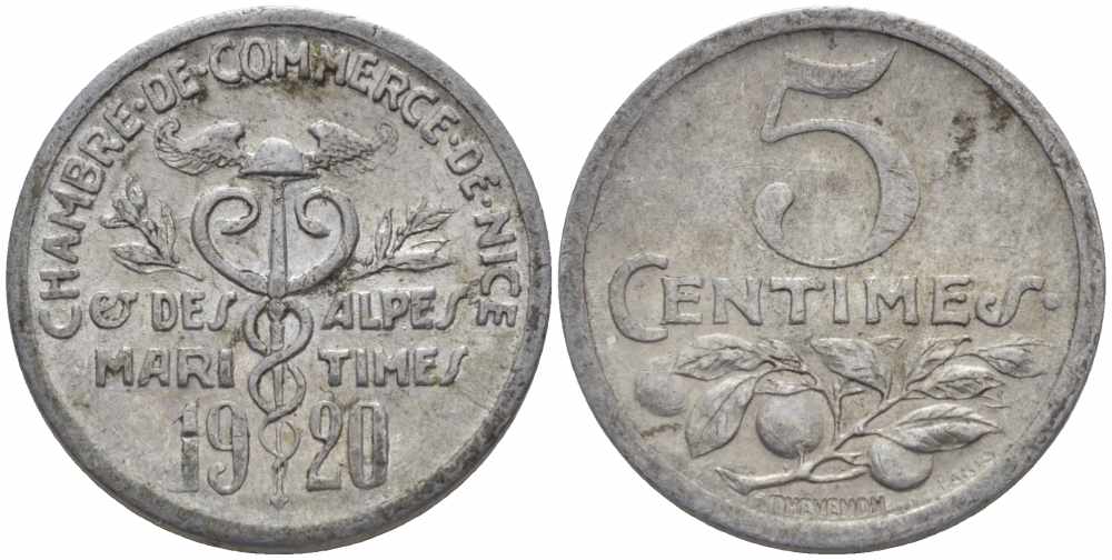 ФРАНЦИЯ 5 САНТИМОВ 1920 НИЦЦА, ТОКЕН, НОТГЕЛЬД алюминий 105-349
