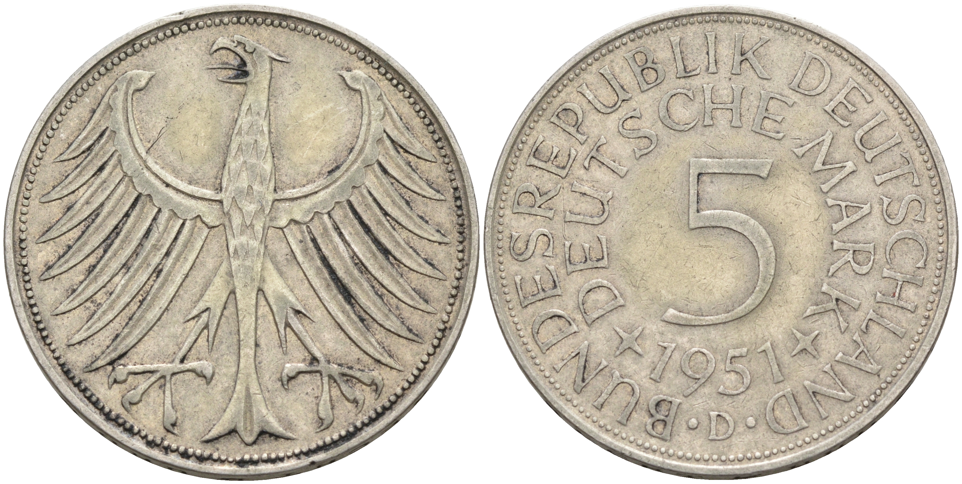 ФРГ 5 марок 1951 D, KM 112.1, J.387 серебро 4565-122