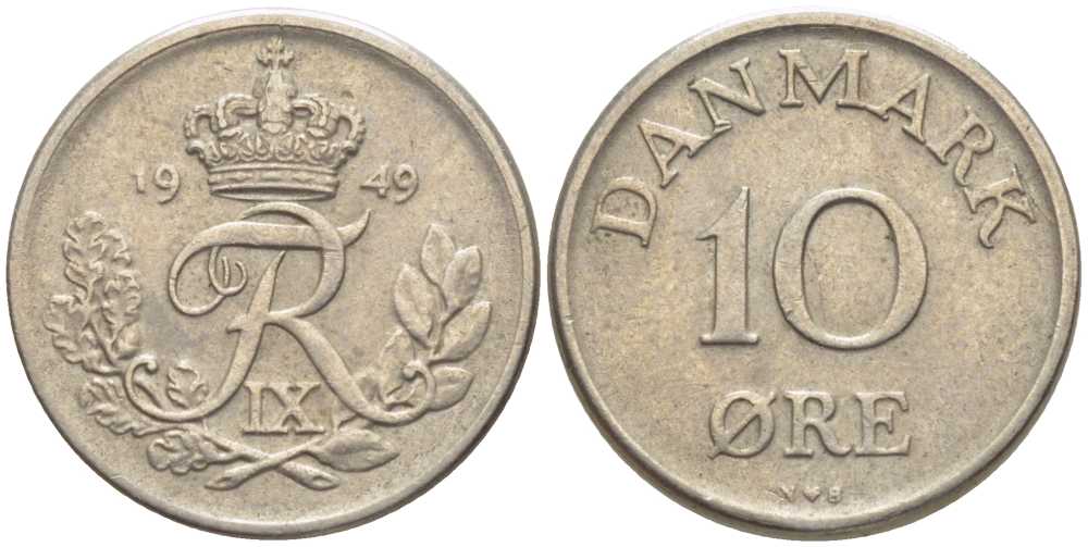 ДАНИЯ 10 ЭРЕ 1949 N;S, ФРЕДЕРИК IX (1947-1972) KM 841,1 медно-никель 201-1169