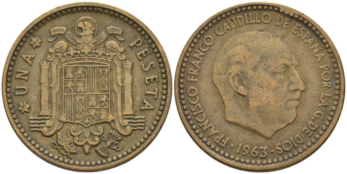 Испания 1 песета 1963 (64) Франсиско Франко (1939-1975) KM 775 алюминиевая бронза 3336-1121