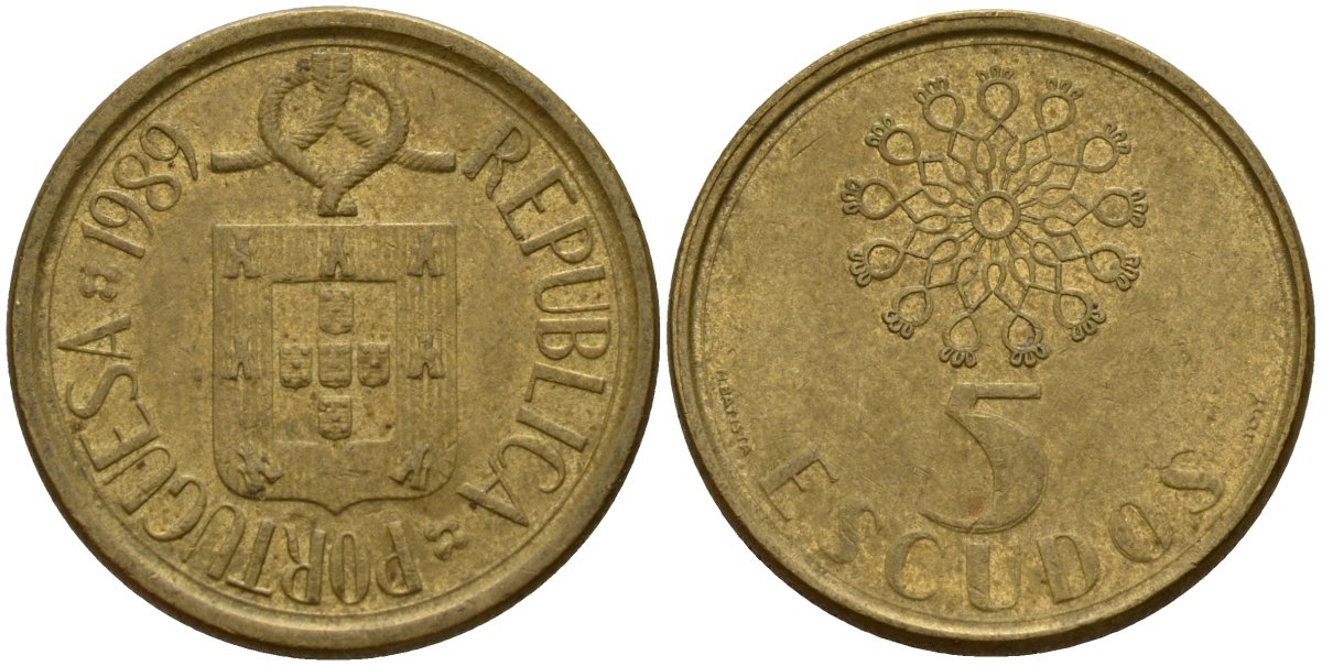 Португалия 5 эскудо 1989 KM 632 никель латунь 4156-612