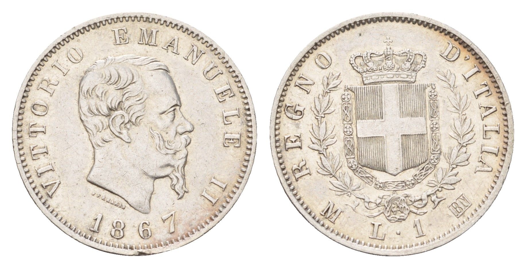 Италия 1 лира 1867 M, Виктор Эммануил II (1861-1878) KM 5a.1 серебро 272-1324