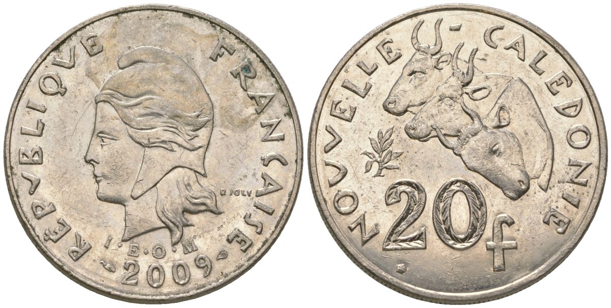Французская Новая Каледония 20 франков 2009 три быка, (IEOM) KM 12a, Schoen 14a, Lec 115j медно-никель 84-644