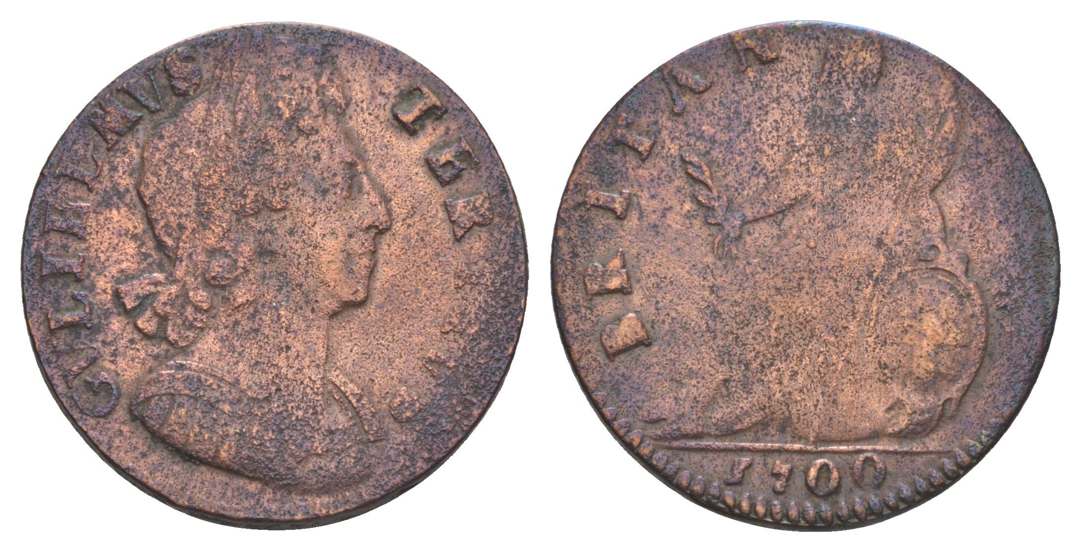 Великобритания 1/2 пенни 1700 Вильгельм III (1694-1702) KM 503, Spink 3556 медь 3711-622