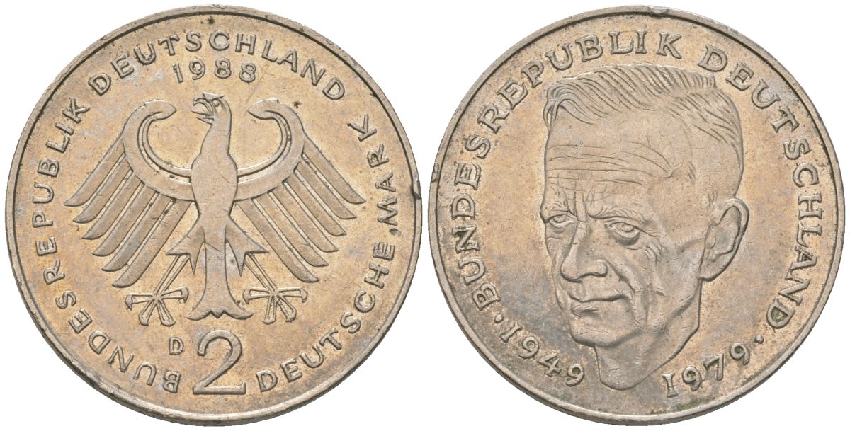 ФРГ 2 марки 1988 D, Курт Шумахер, 30 лет Федеративной Республике KM 149 медно-никель 4572-411