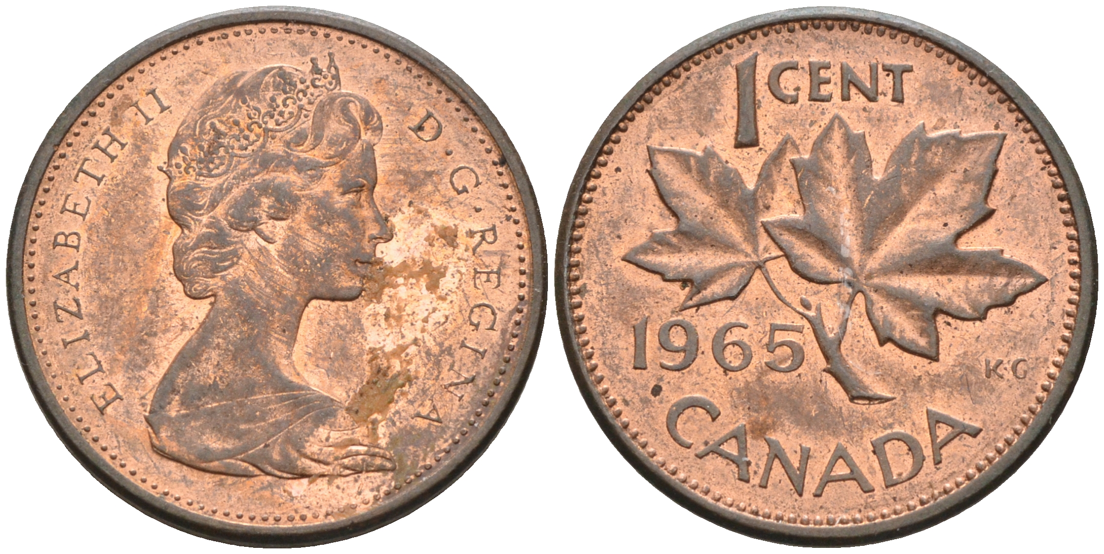 Канада 1 цент 1965 Елизавета II (1952-2022), кленовый лист KM 59.1 бронза 4147-248